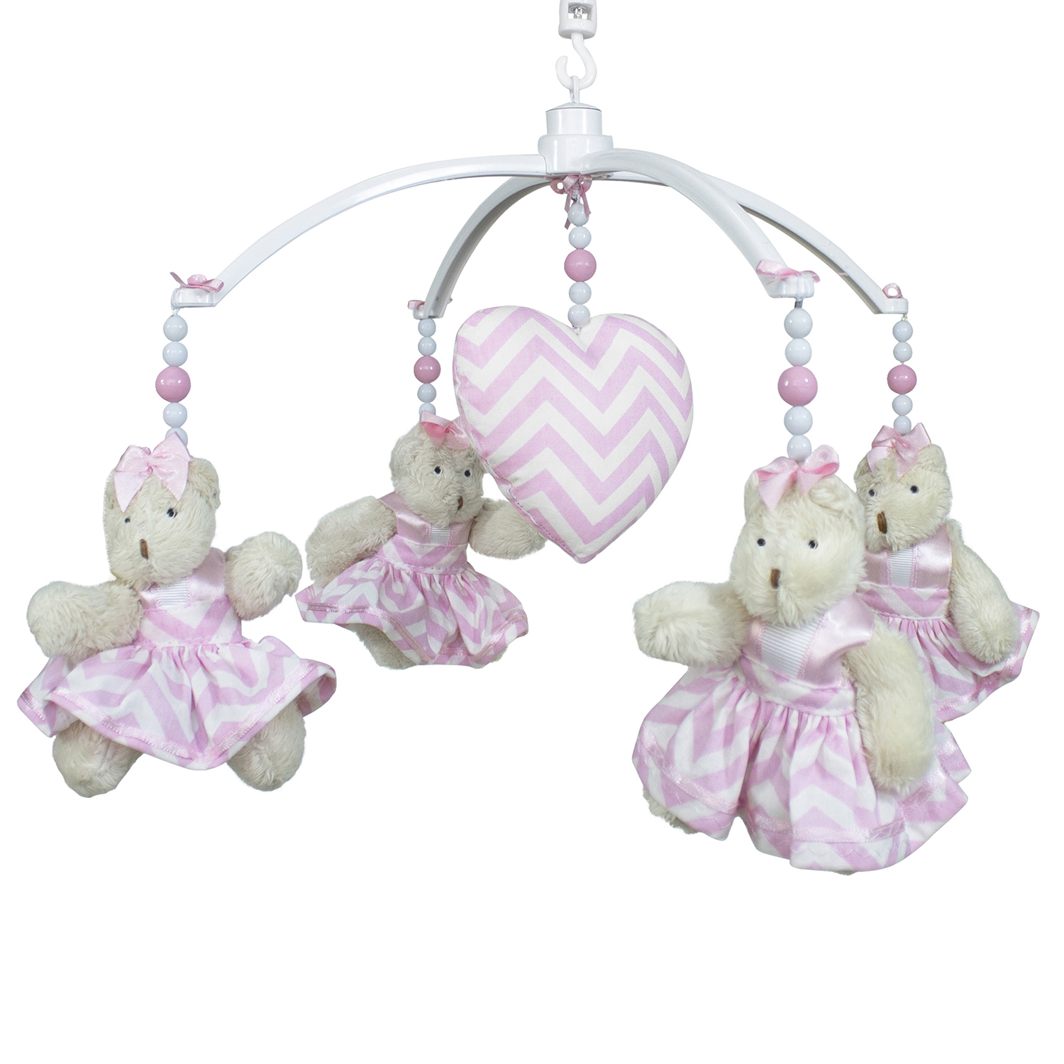Móbile Musical Ursinha Rosa Chevron e Coração Quarto Bebê Infantil Menina