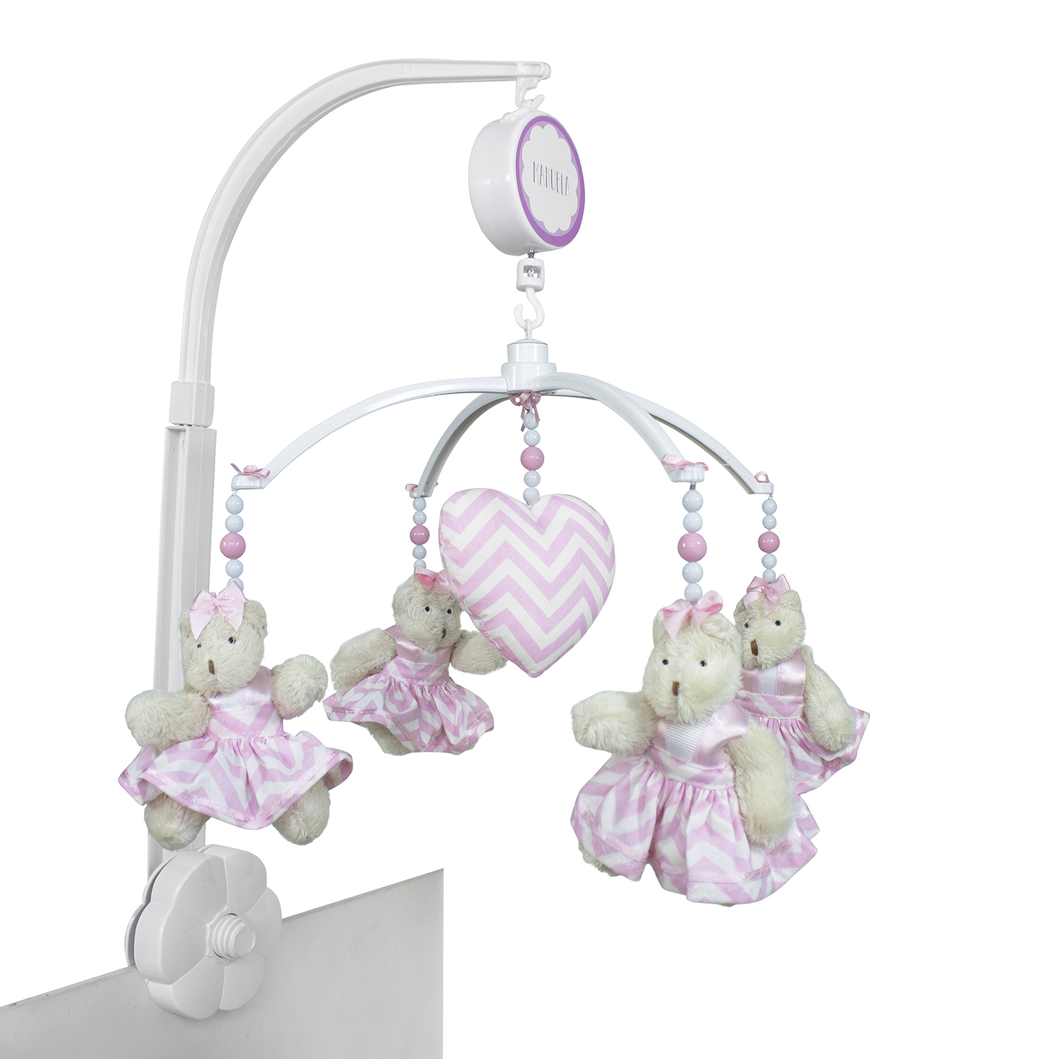 Móbile Musical Ursinha Rosa Chevron e Coração Quarto Bebê Infantil Menina