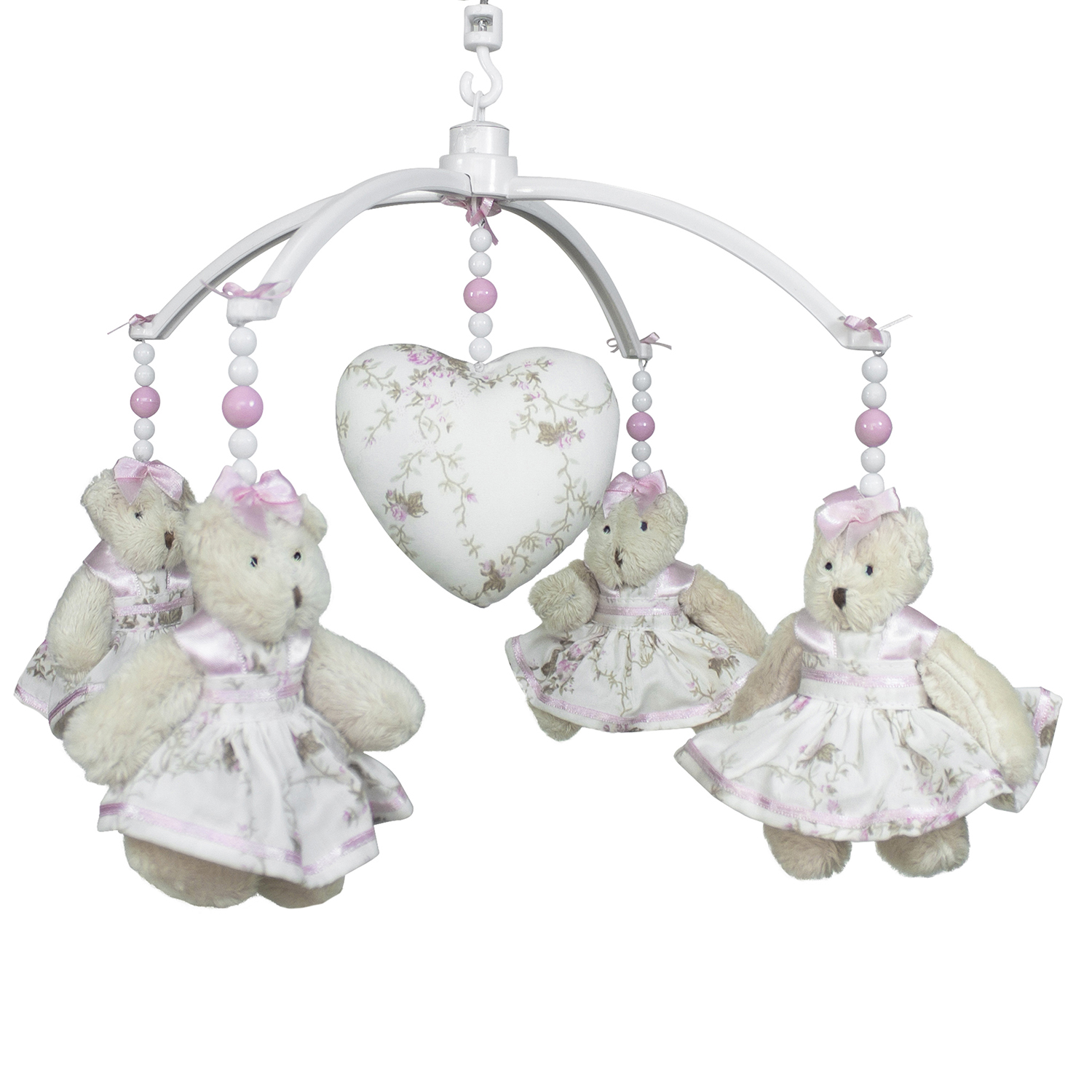 Móbile Musical Ursinha Rosa Provençal e Coração Quarto Bebê Infantil Menina