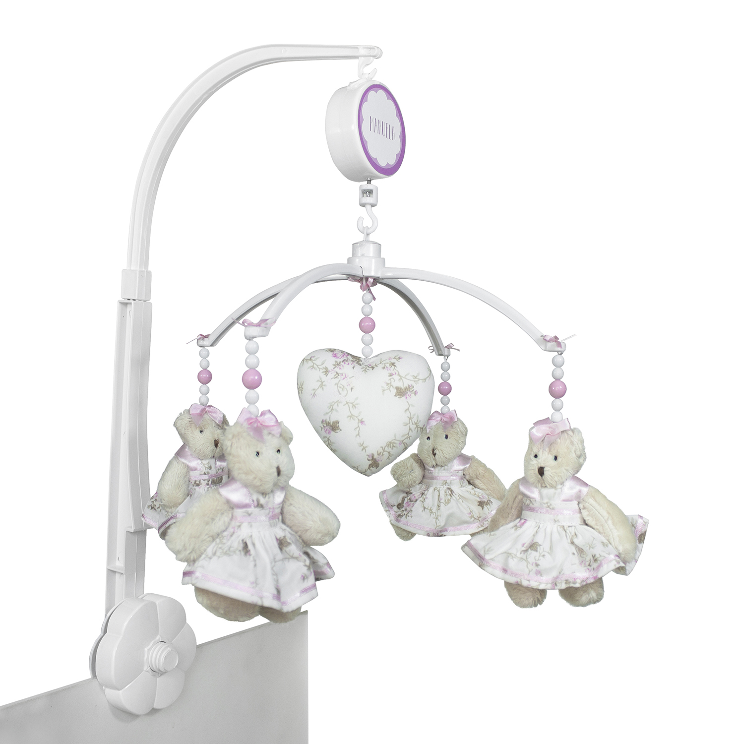 Móbile Musical Ursinha Rosa Provençal e Coração Quarto Bebê Infantil Menina