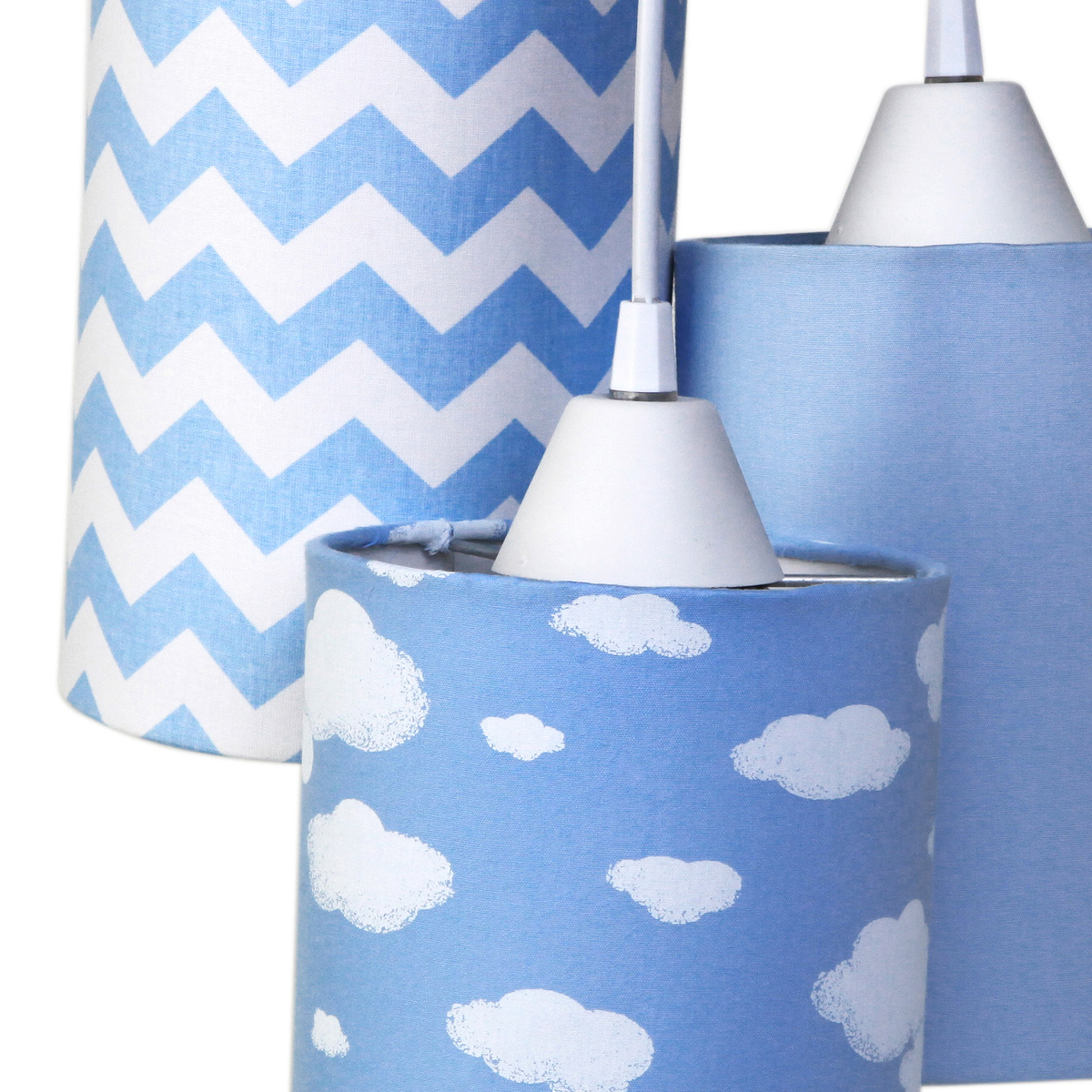 Pendente 3 Tubinhos Nuvem Chevron Azul Quarto Bebê Infantil Menino