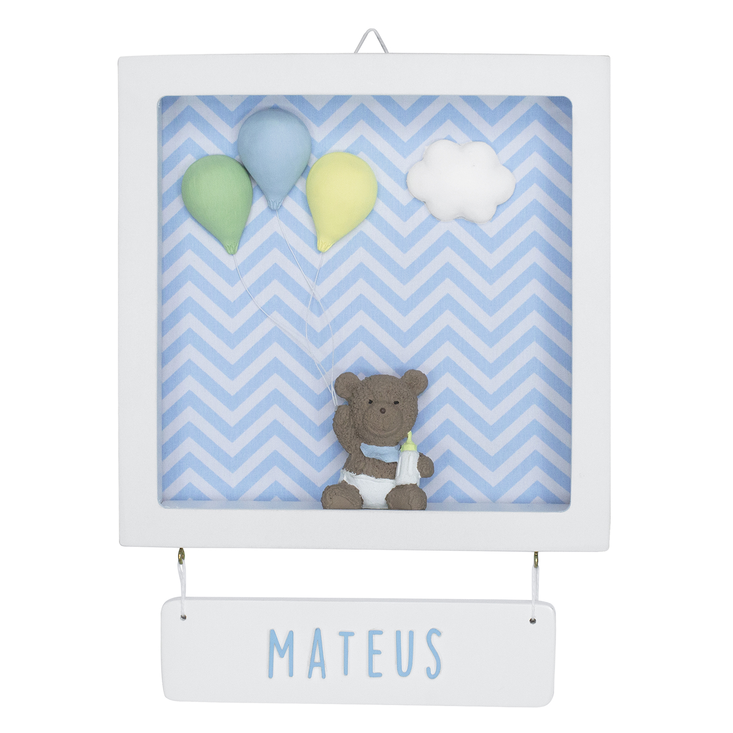 Porta Maternidade Quadro Acrílico Ursinho com Bexiga Quarto Bebê Infantil Menino