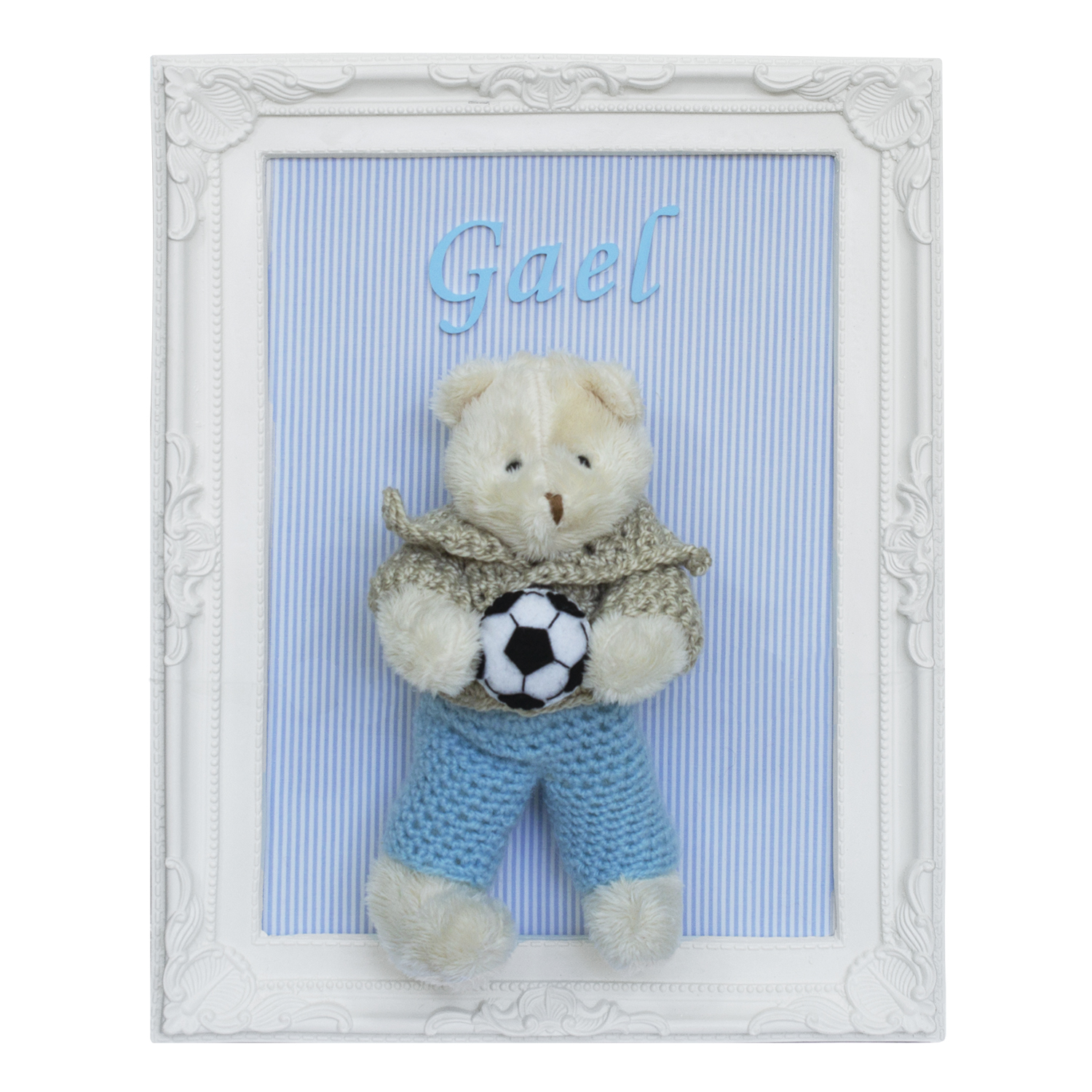 Porta Maternidade Quadro Urso Bege Roupa de Crochê e Bola de Futebol Quarto Bebê Infantil Menino