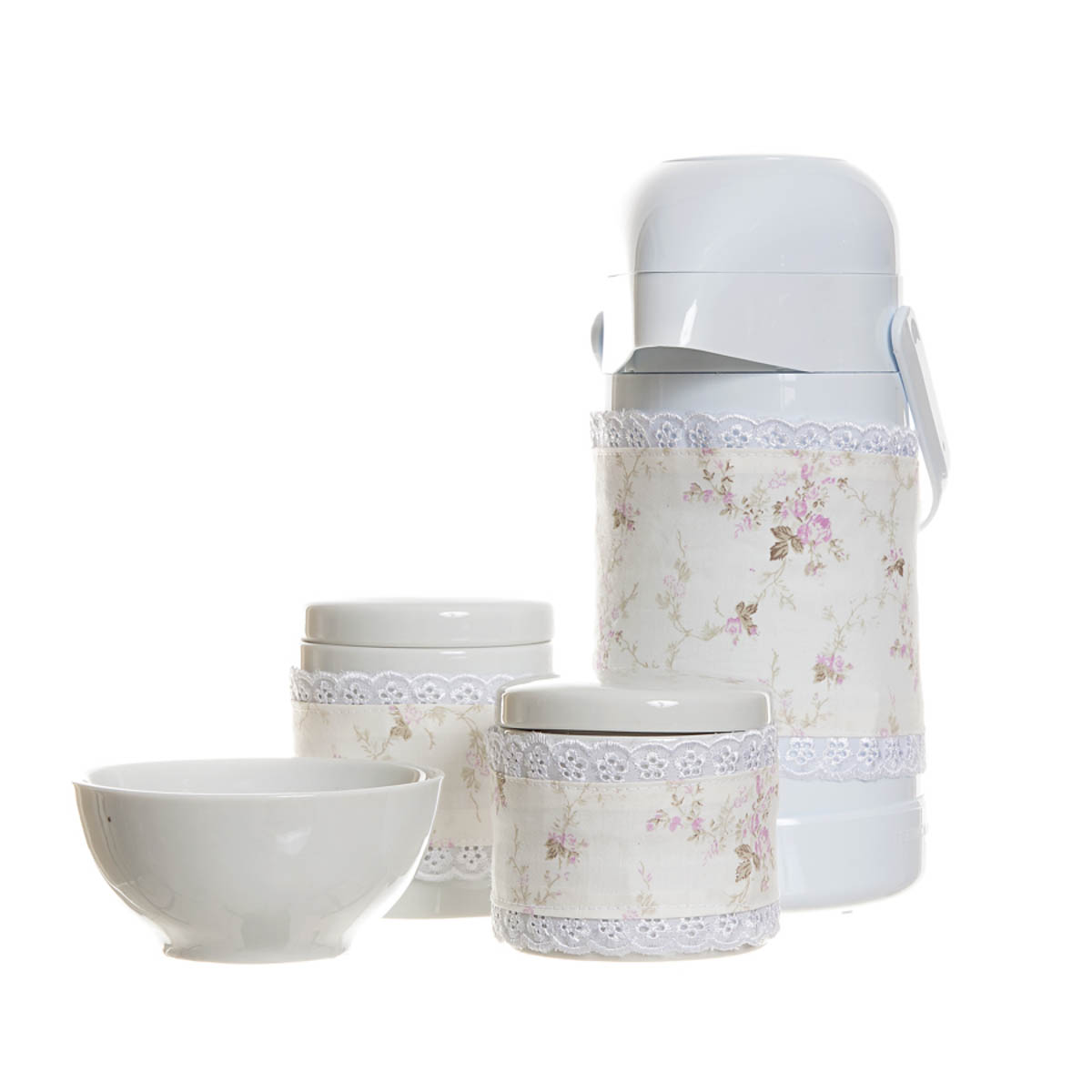 Potes, Garrafa E Molhadeira Com Capa Rosa Quarto Bebê (Conj. 4 Peças)