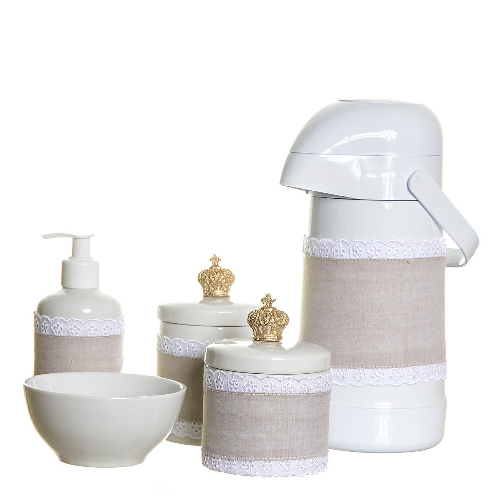 Potes, Garrafa, Molhadeira E Porta Álcool-Gel Com Capa E Coroa Quarto Bebê