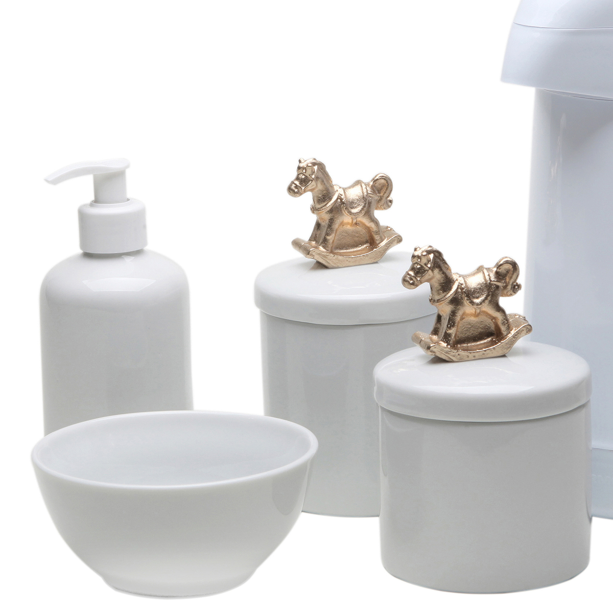 Potes, Garrafa, Molhadeira e Porta Álcool-Gel Cavalinho Dourado Quarto Bebê Infantil Menina Menino