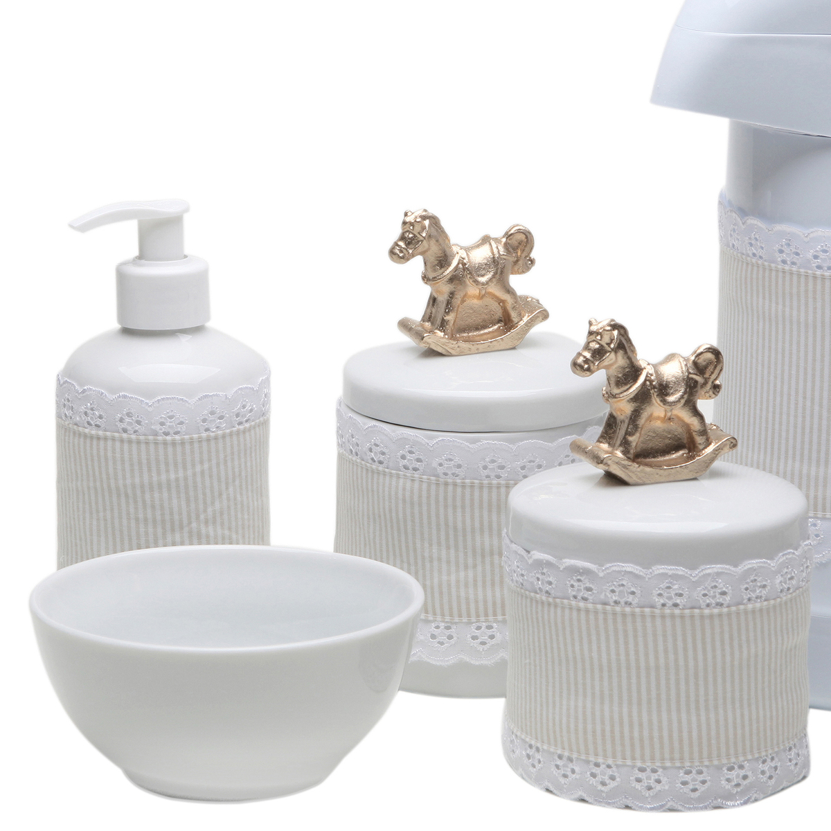 Potes, Garrafa, Molhadeira e Porta Álcool-Gel Com Capa Cavalinho Dourado Quarto Bebê Infantil Menina Menino
