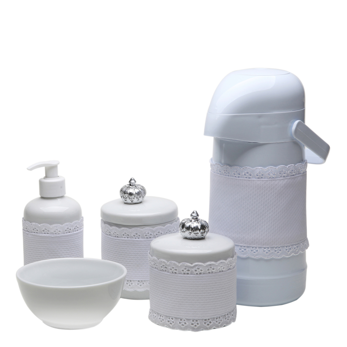 Potes, Garrafa, Molhadeira e Porta Álcool-Gel Com Capa Coroa Prata Quarto Bebê Infantil Menina Menino