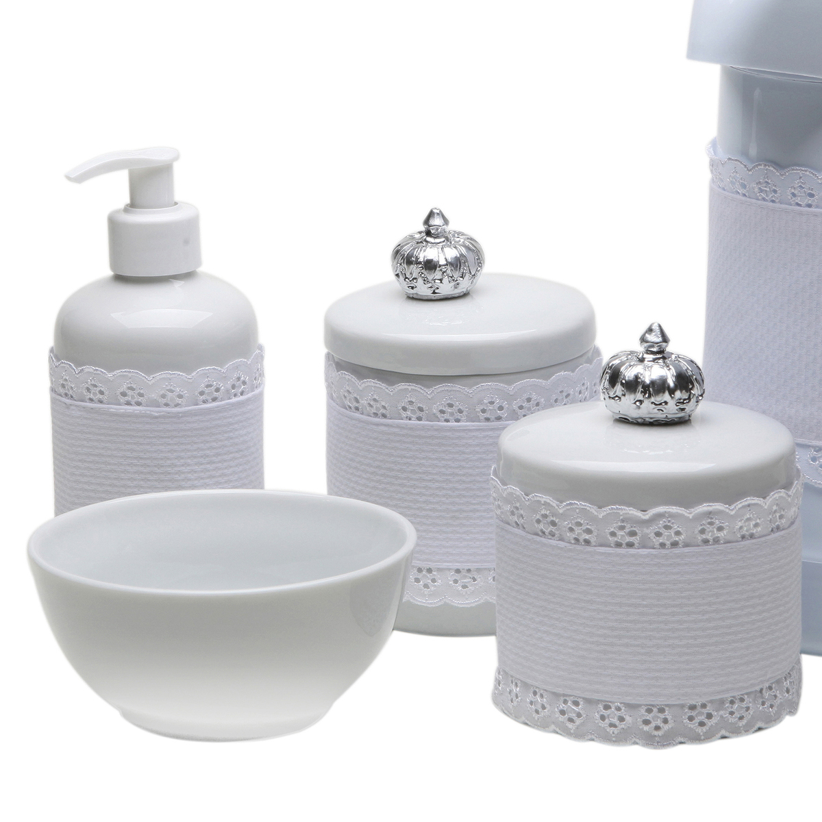 Potes, Garrafa, Molhadeira e Porta Álcool-Gel Com Capa Coroa Prata Quarto Bebê Infantil Menina Menino