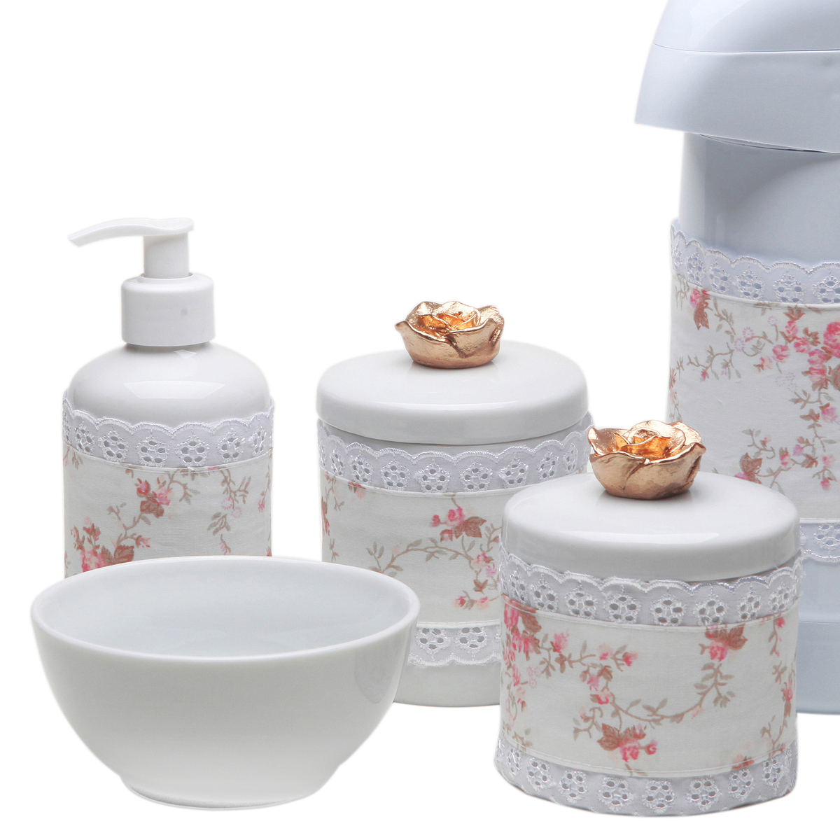 Potes, Garrafa, Molhadeira e Porta Álcool-Gel Com Capa Florzinha Dourada Quarto Bebê Infantil Menina