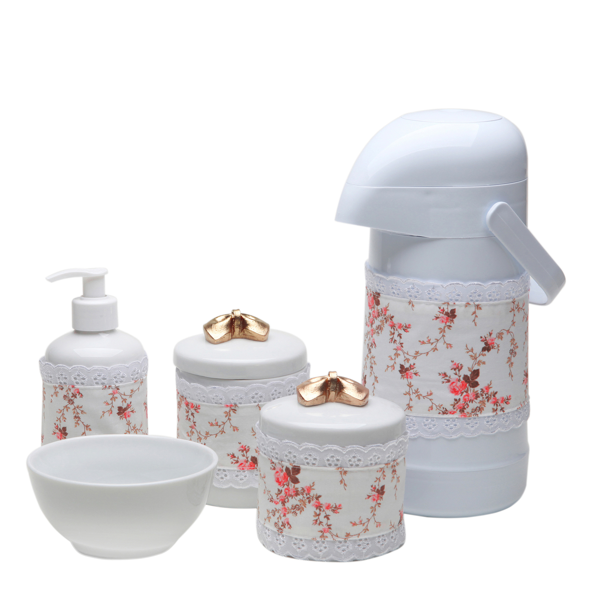 Potes, Garrafa, Molhadeira e Porta Álcool-Gel Com Capa Lacinho Dourado Quarto Bebê Infantil Menina