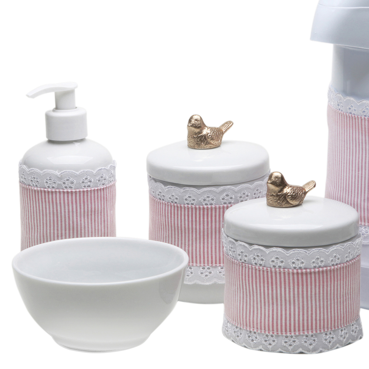 Potes, Garrafa, Molhadeira e Porta Álcool-Gel Com Capa Passarinho Dourado Quarto Bebê Infantil Menina