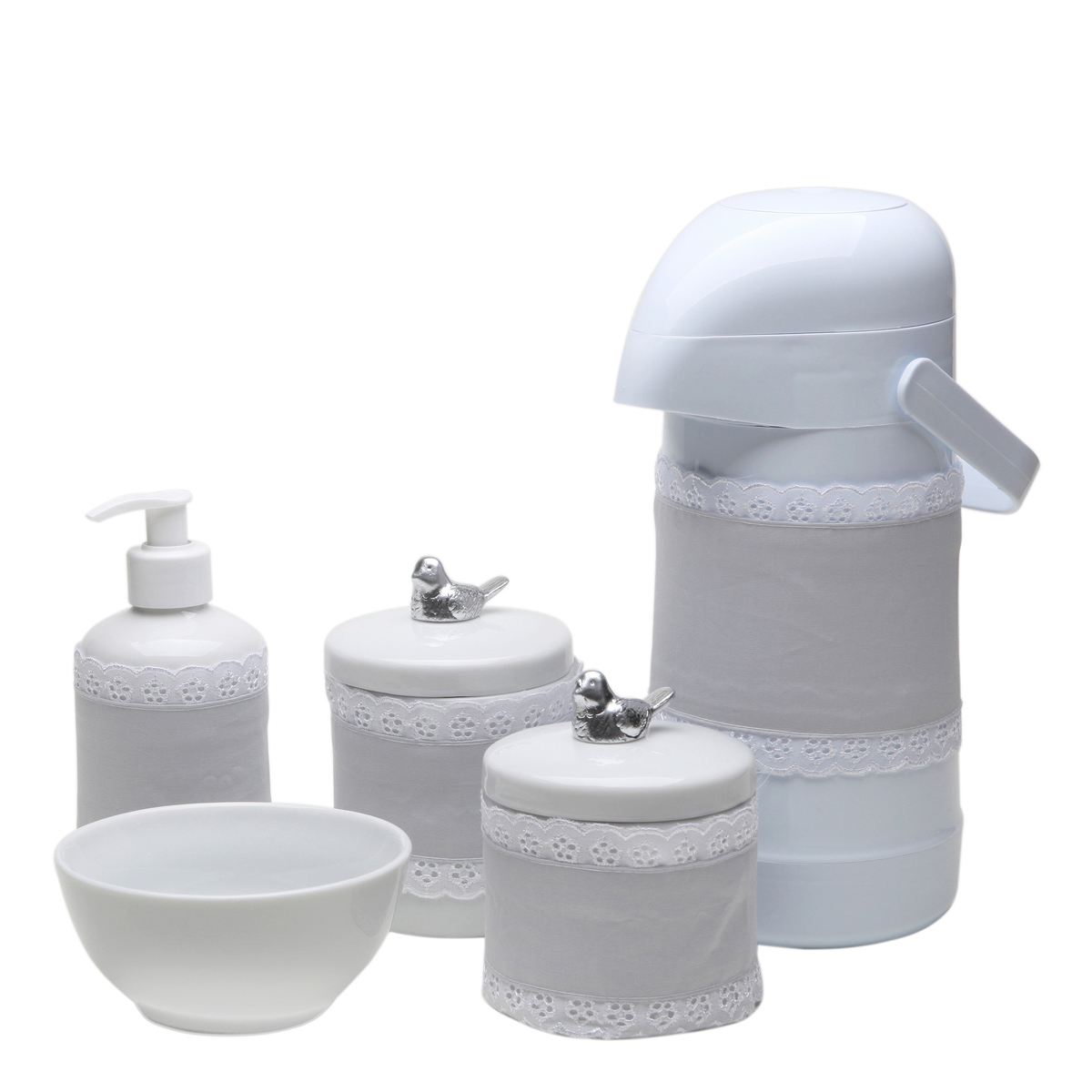 Potes, Garrafa, Molhadeira e Porta Álcool-Gel Com Capa Passarinho Prata Quarto Bebê Infantil Menina Menino