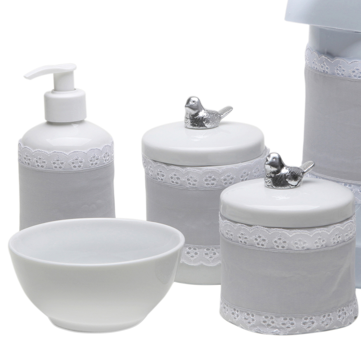 Potes, Garrafa, Molhadeira e Porta Álcool-Gel Com Capa Passarinho Prata Quarto Bebê Infantil Menina Menino