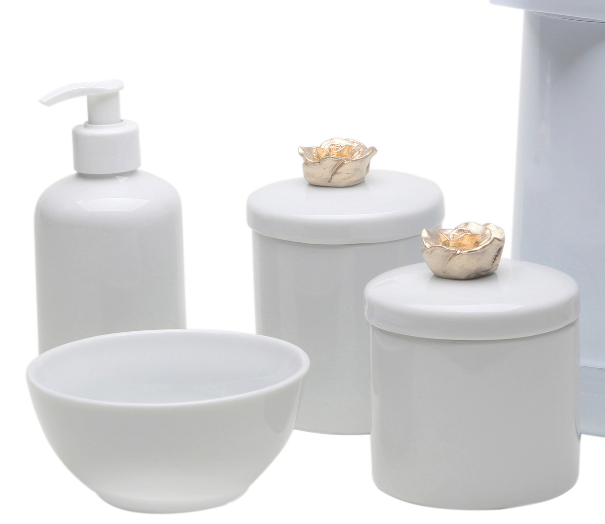 Potes, Garrafa, Molhadeira e Porta Álcool-Gel Florzinha Dourada Quarto Bebê Infantil Menina