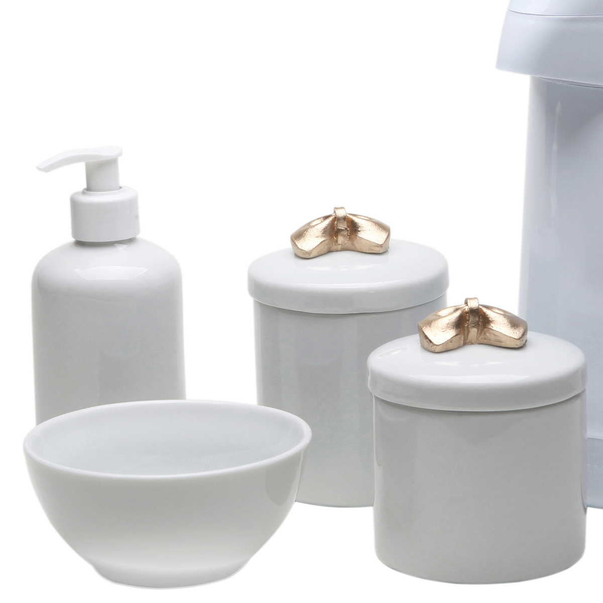Potes, Garrafa, Molhadeira e Porta Álcool-Gel Lacinho Dourado Quarto Bebê Infantil Menina