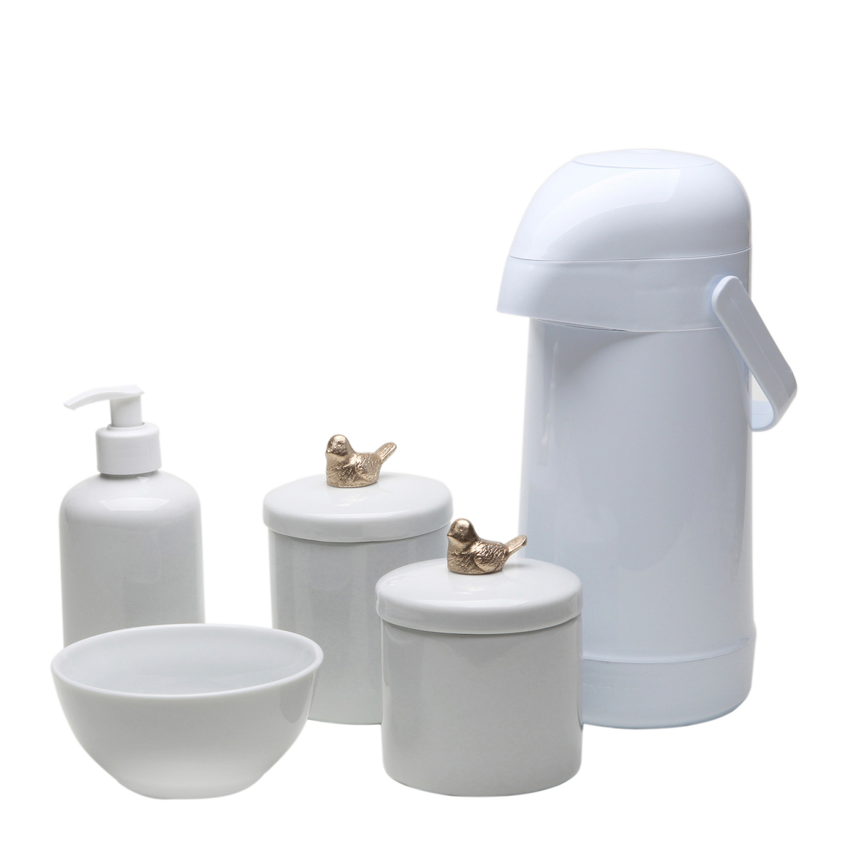 Potes, Garrafa, Molhadeira e Porta Álcool-Gel Passarinho Dourado Quarto Bebê Infantil
