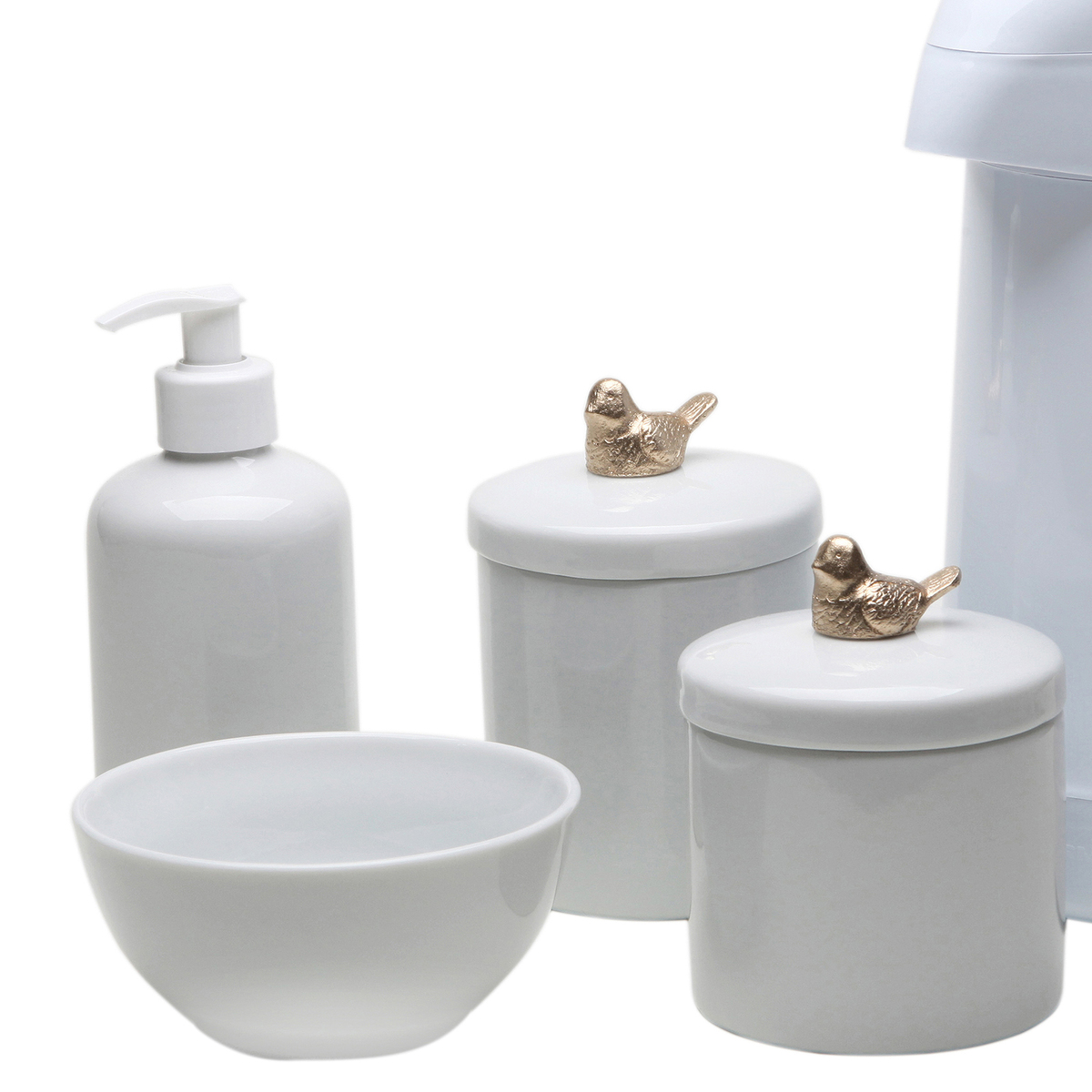 Potes, Garrafa, Molhadeira e Porta Álcool-Gel Passarinho Dourado Quarto Bebê Infantil
