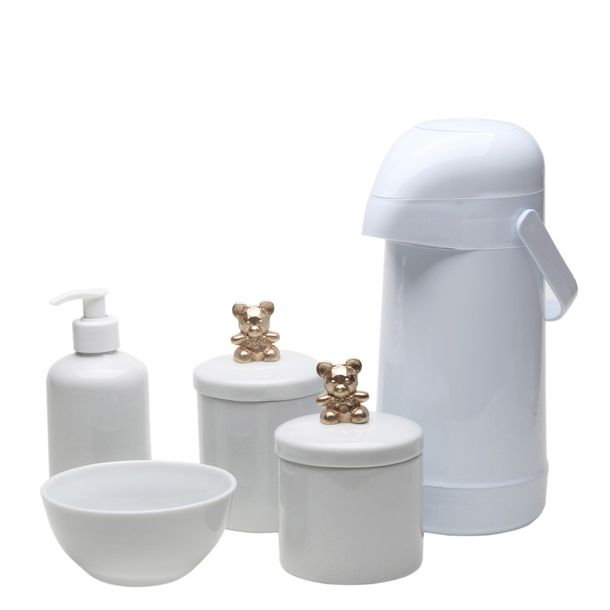 Potes, Garrafa, Molhadeira e Porta Álcool-Gel Ursinho Dourado Quarto Bebê Infantil