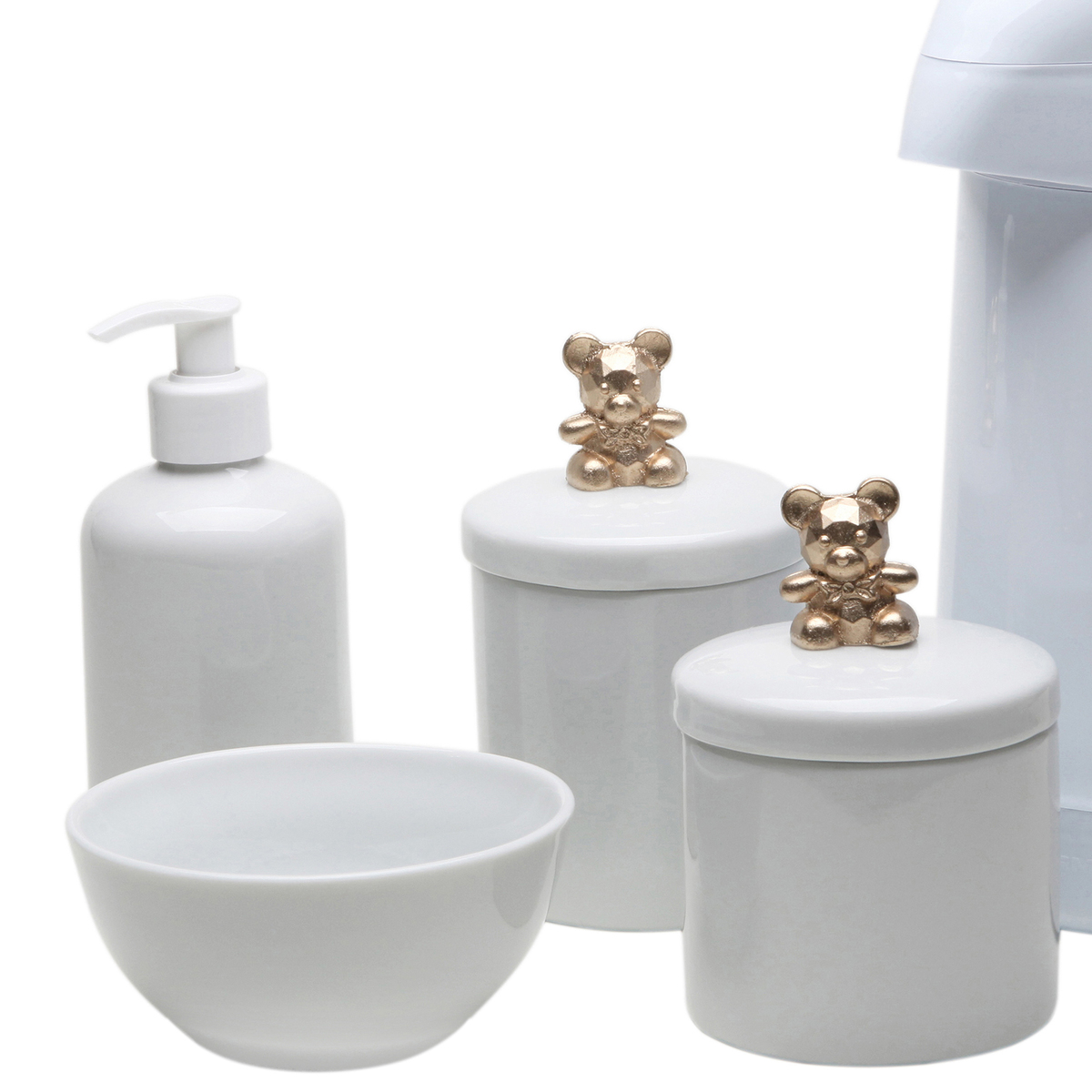 Potes, Garrafa, Molhadeira e Porta Álcool-Gel Ursinho Dourado Quarto Bebê Infantil