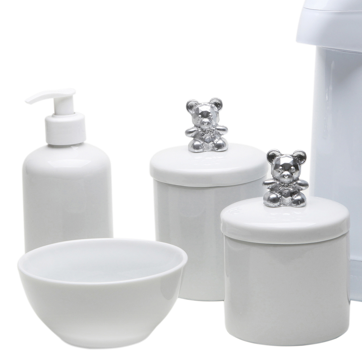 Potes, Garrafa, Molhadeira e Porta Álcool-Gel Ursinho Prata Quarto Bebê Infantil Menina Menino
