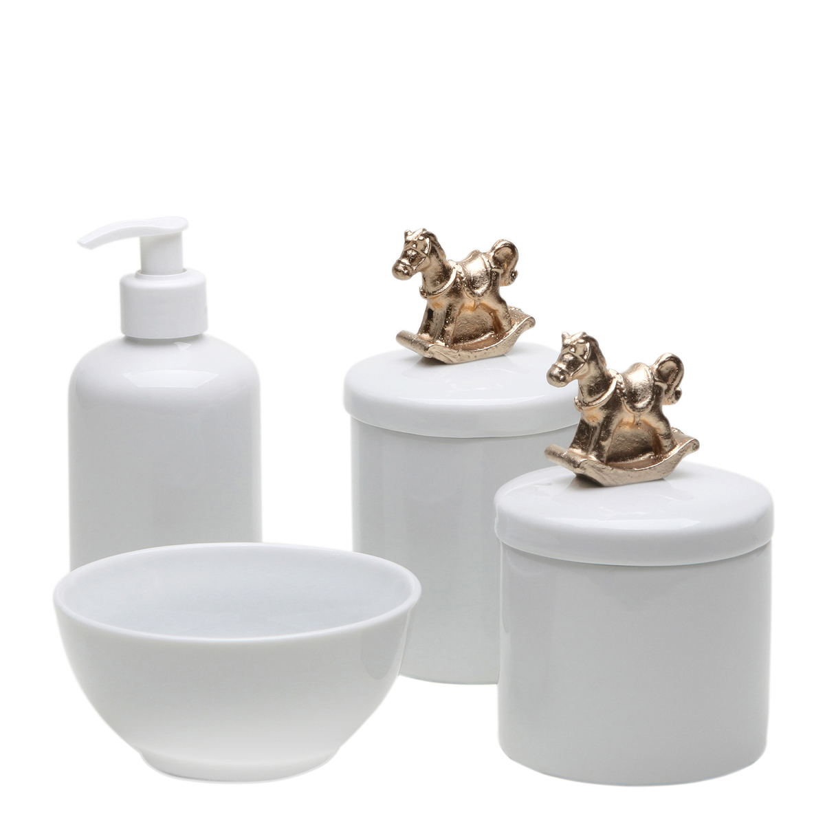 Potes, Molhadeira e Porta Álcool-Gel Cavalinho Dourado Quarto Bebê Infantil