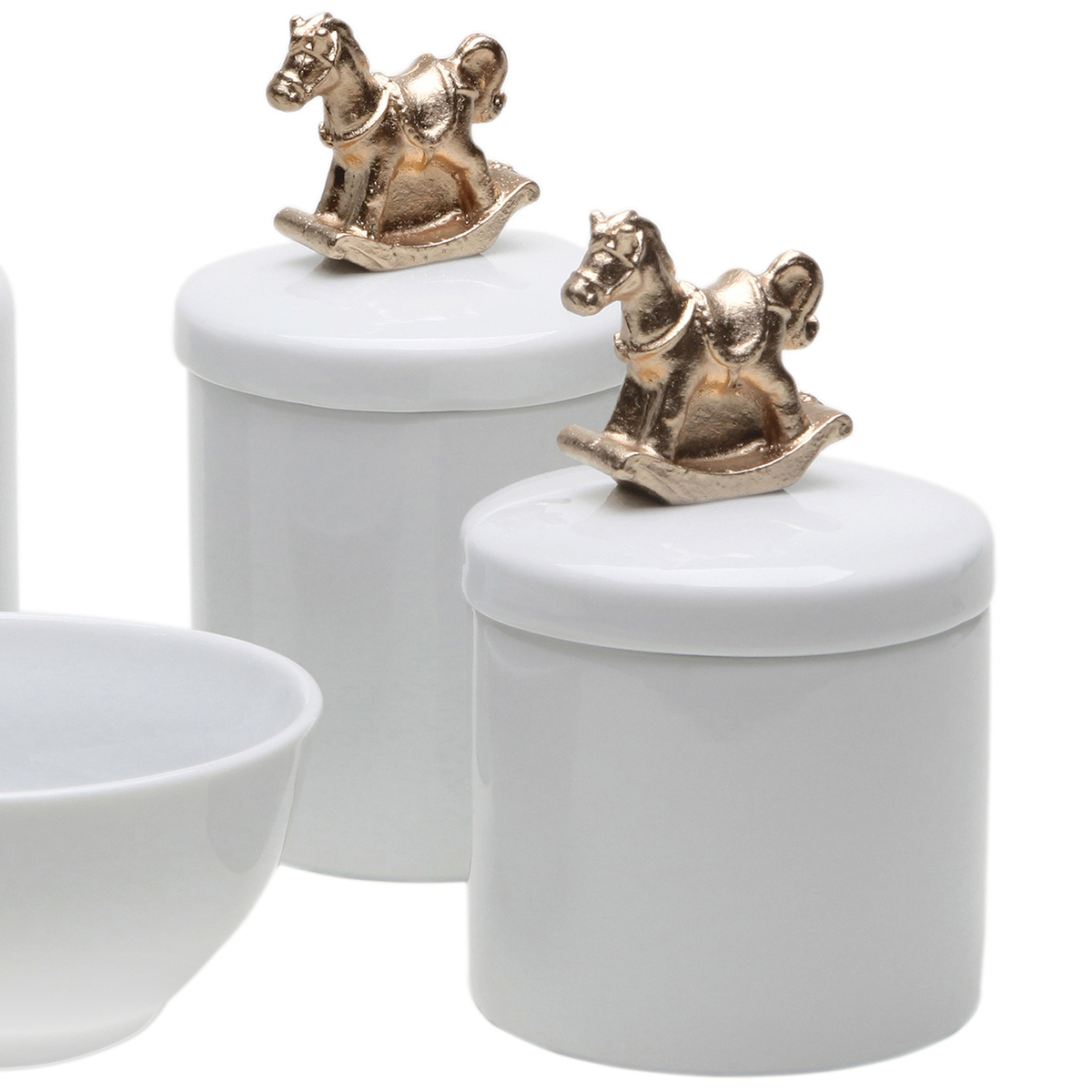 Potes, Molhadeira e Porta Álcool-Gel Cavalinho Dourado Quarto Bebê Infantil