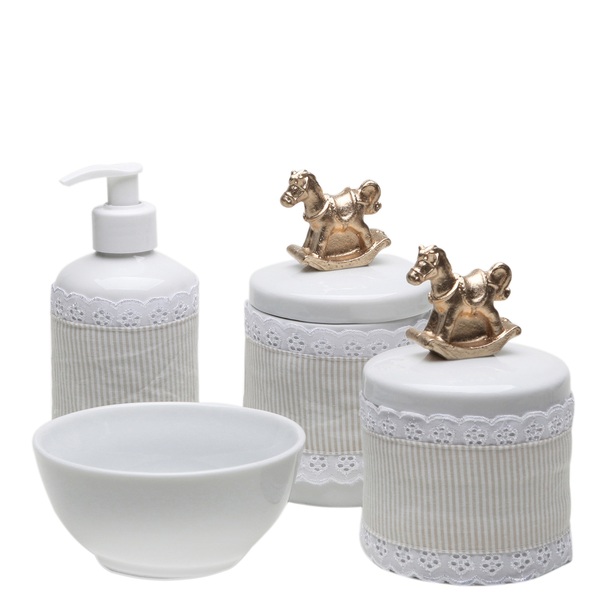 Potes, Molhadeira e Porta Álcool-Gel Com Capa Cavalinho Dourado Quarto Bebê Infantil