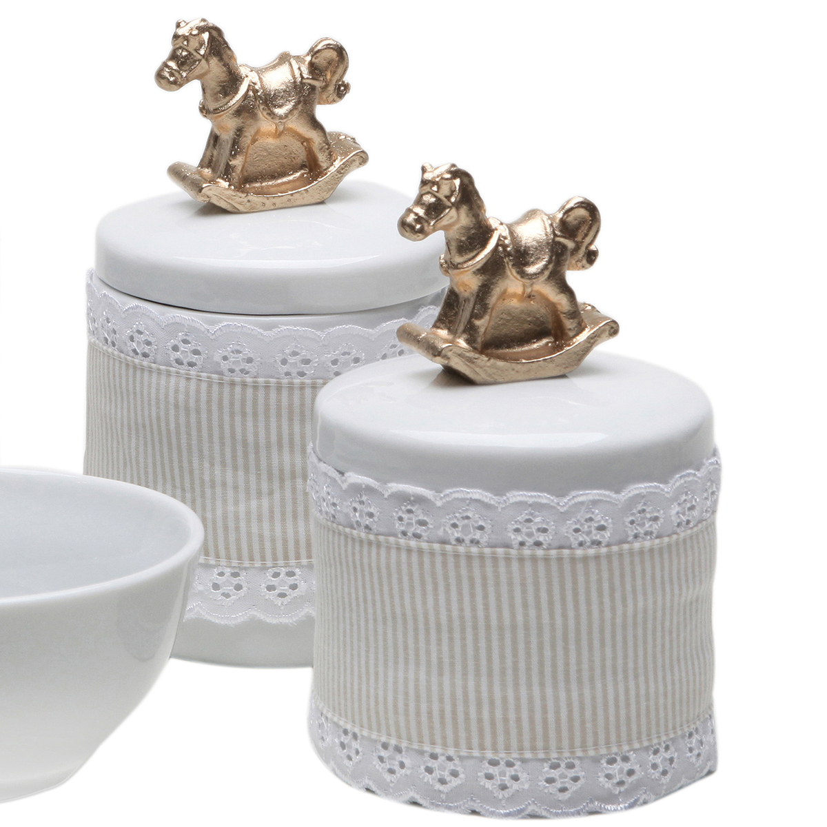 Potes, Molhadeira e Porta Álcool-Gel Com Capa Cavalinho Dourado Quarto Bebê Infantil