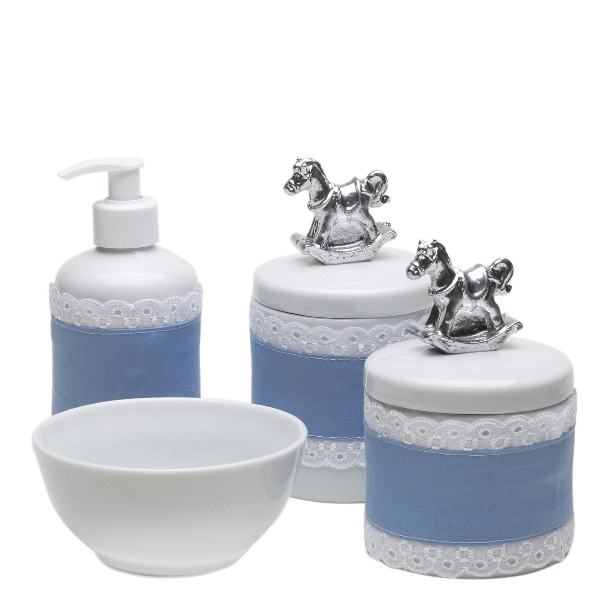 Potes, Molhadeira e Porta Álcool-Gel Com Capa Cavalinho Prata Quarto Bebê Unissex