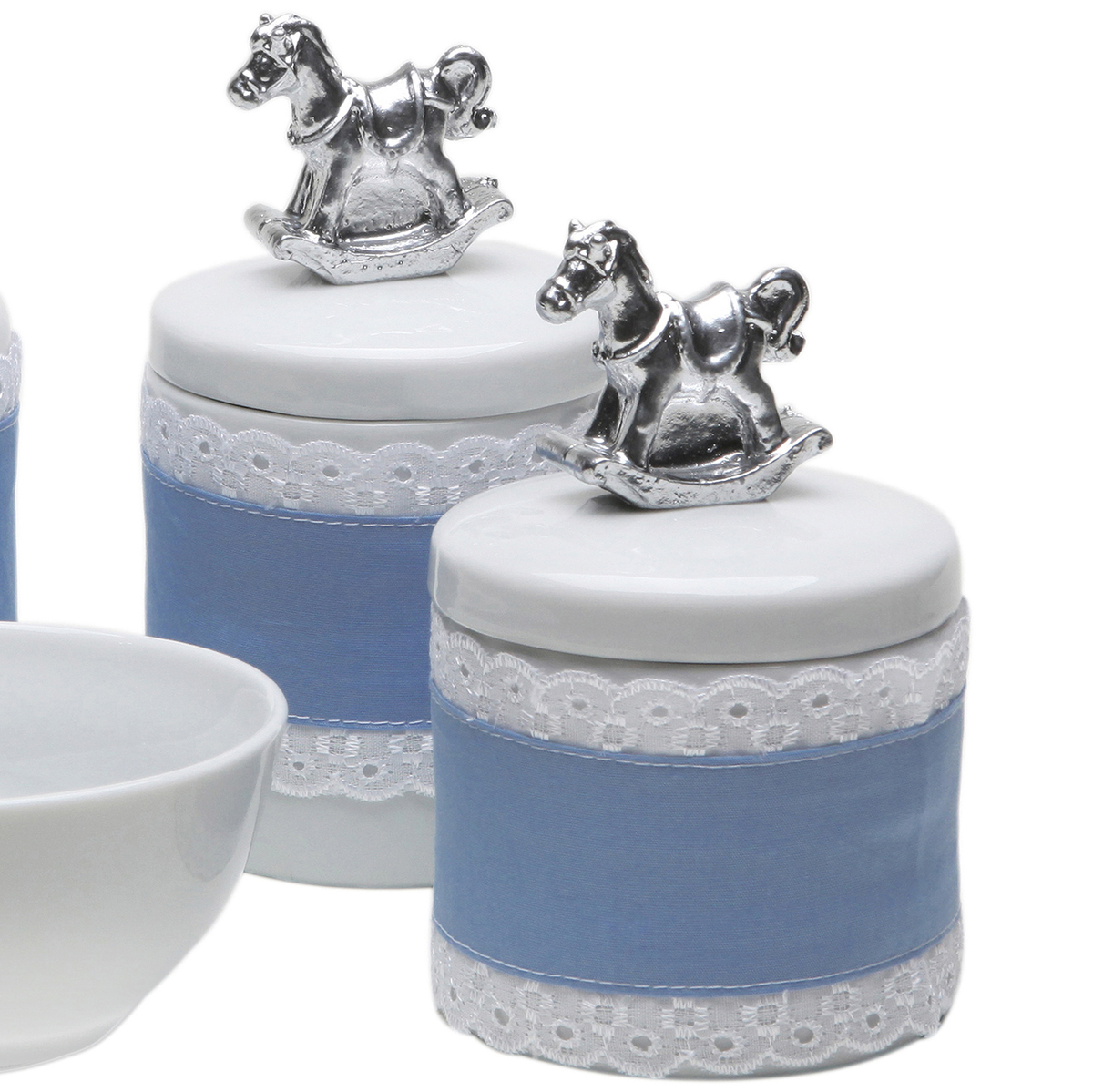 Potes, Molhadeira e Porta Álcool-Gel Com Capa Cavalinho Prata Quarto Bebê Unissex