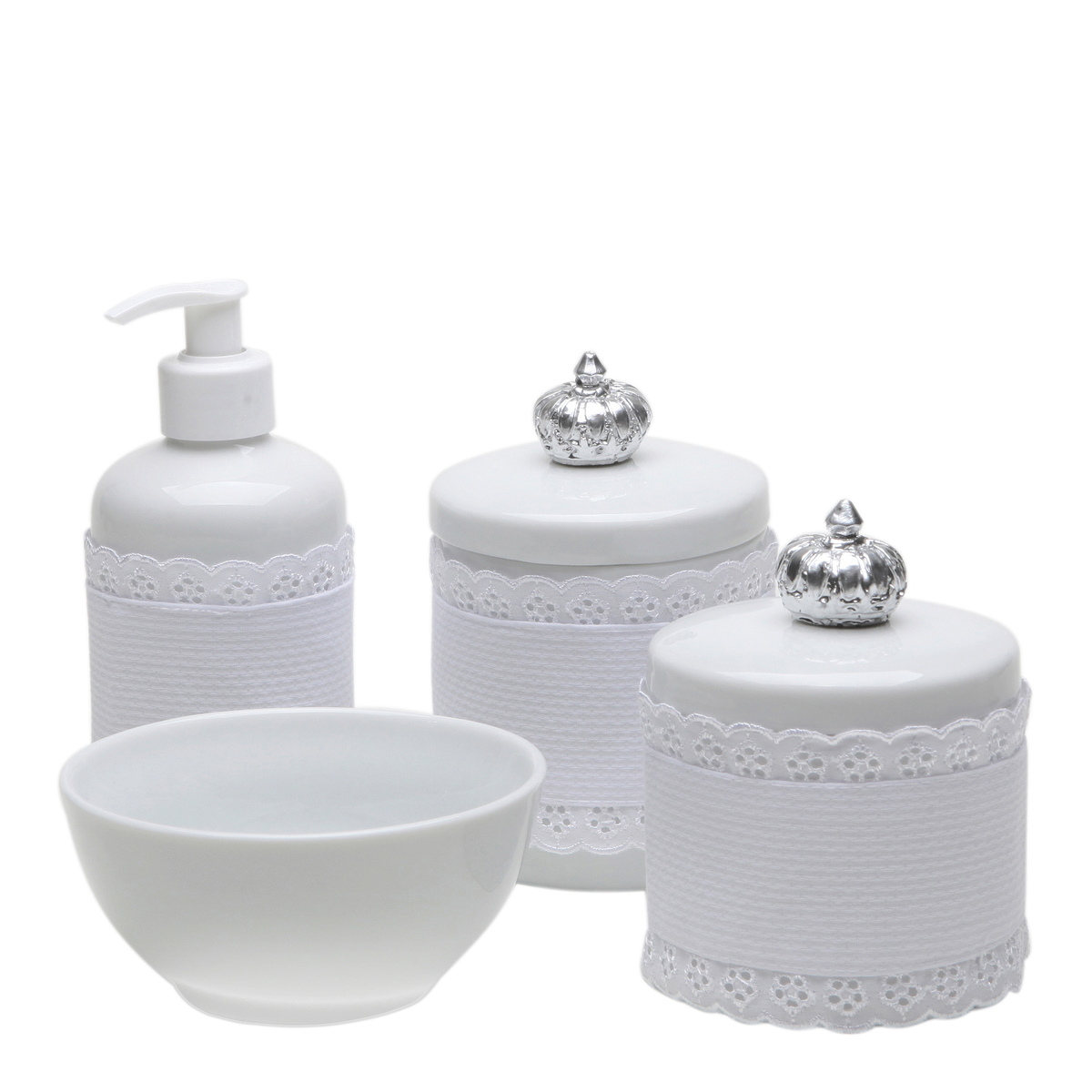 Potes, Molhadeira e Porta Álcool-Gel Com Capa Coroa Prata Quarto Bebê Infantil Menina Menino