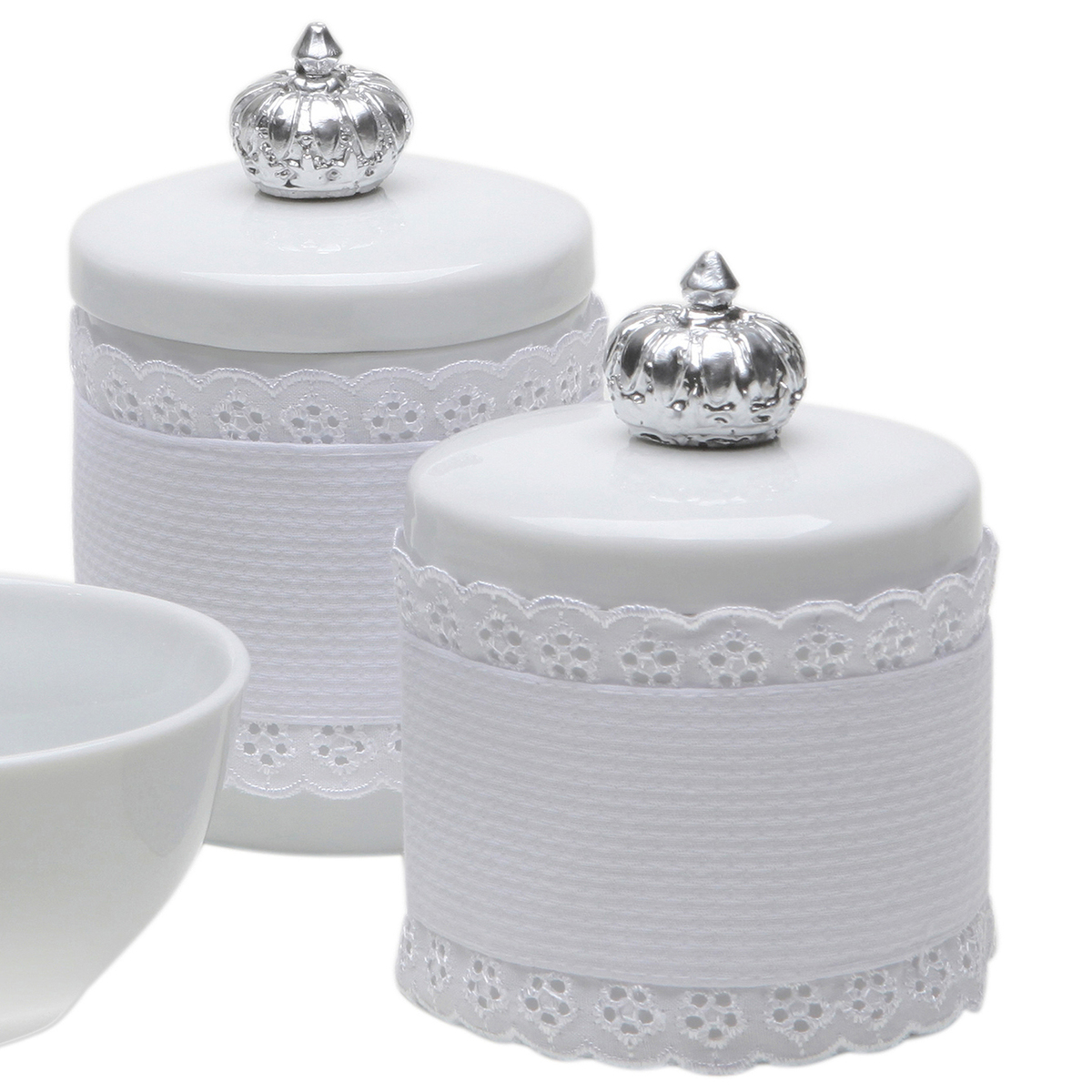 Potes, Molhadeira e Porta Álcool-Gel Com Capa Coroa Prata Quarto Bebê Infantil Menina Menino