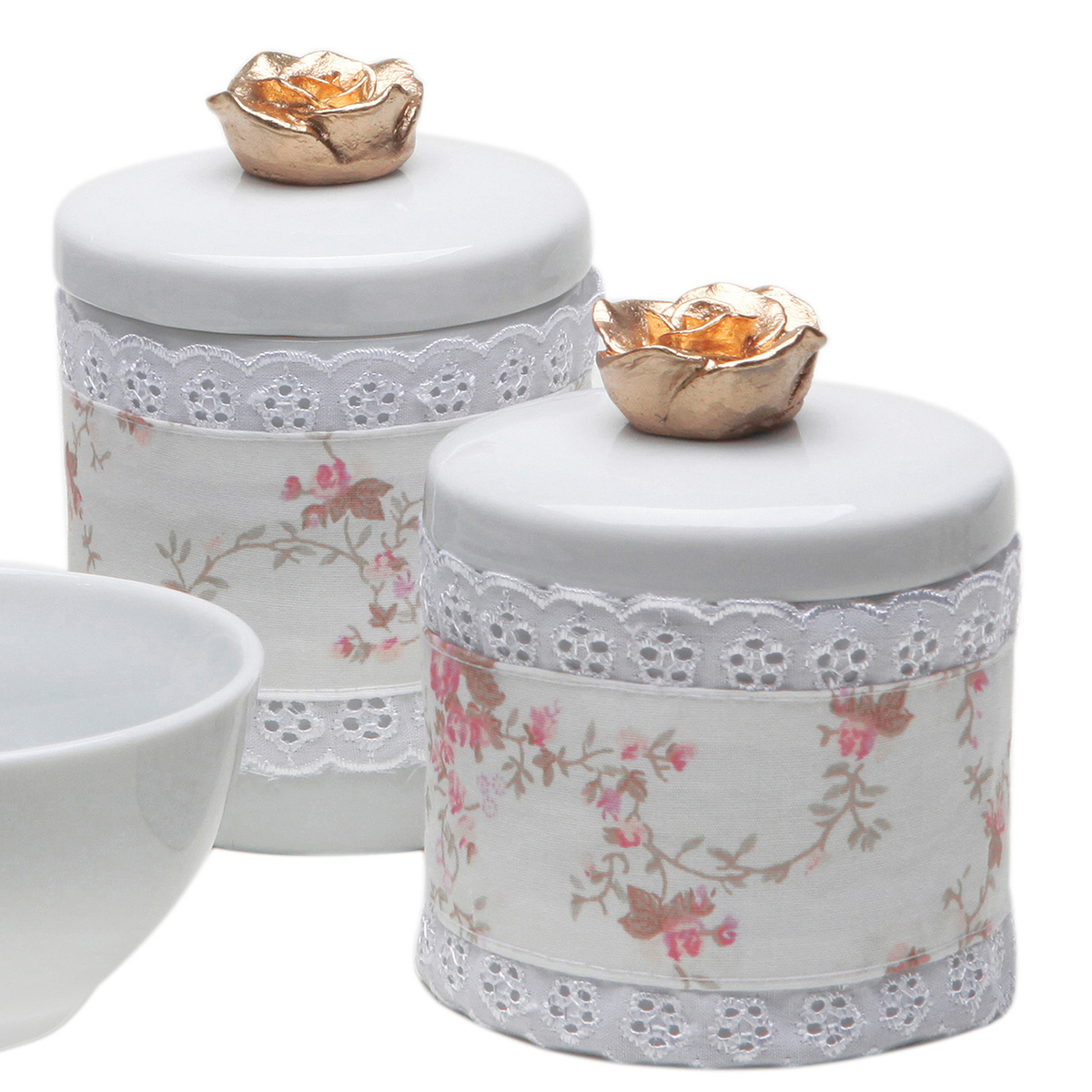 Potes, Molhadeira e Porta Álcool-Gel Com Capa Florzinha Dourada Quarto Bebê Infantil Menina