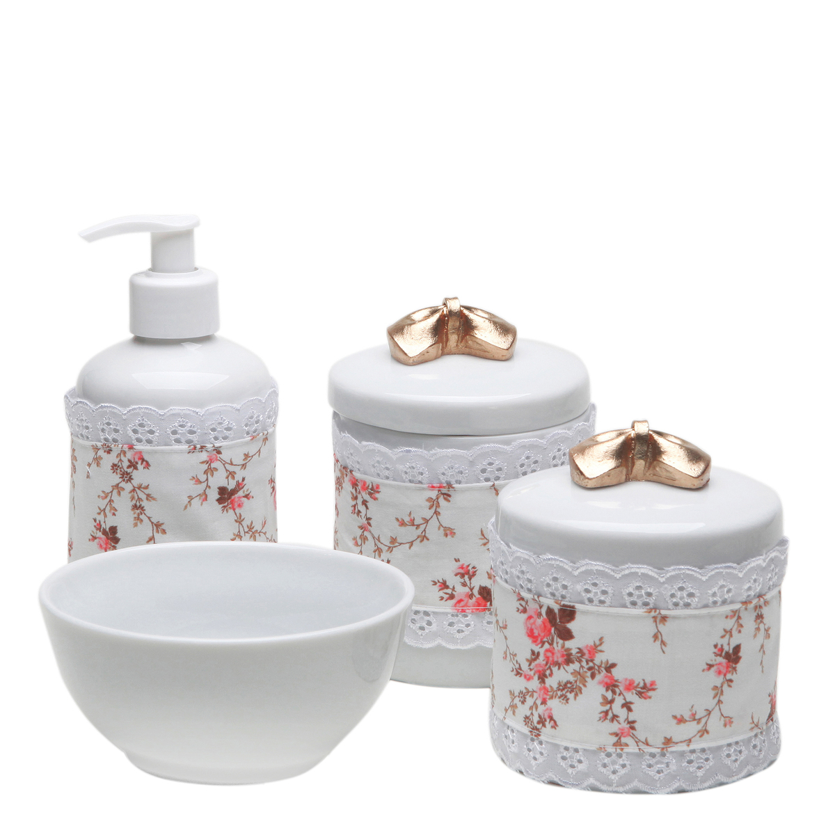 Potes, Molhadeira e Porta Álcool-Gel Com Capa Lacinho Dourado Quarto Bebê Infantil Menina