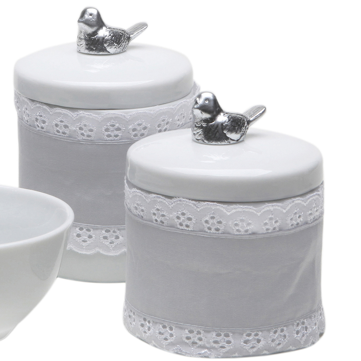 Potes, Molhadeira e Porta Álcool-Gel Com Capa Passarinho Prata Quarto Bebê Infantil Menina Menino