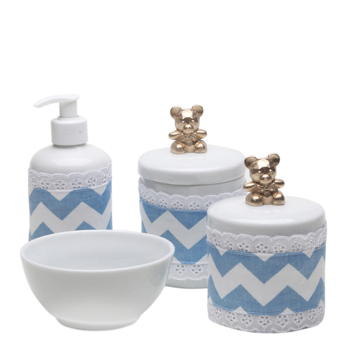 Potes, Molhadeira e Porta Álcool-Gel Com Capa Ursinho Dourado Quarto Bebê Infantil Menino