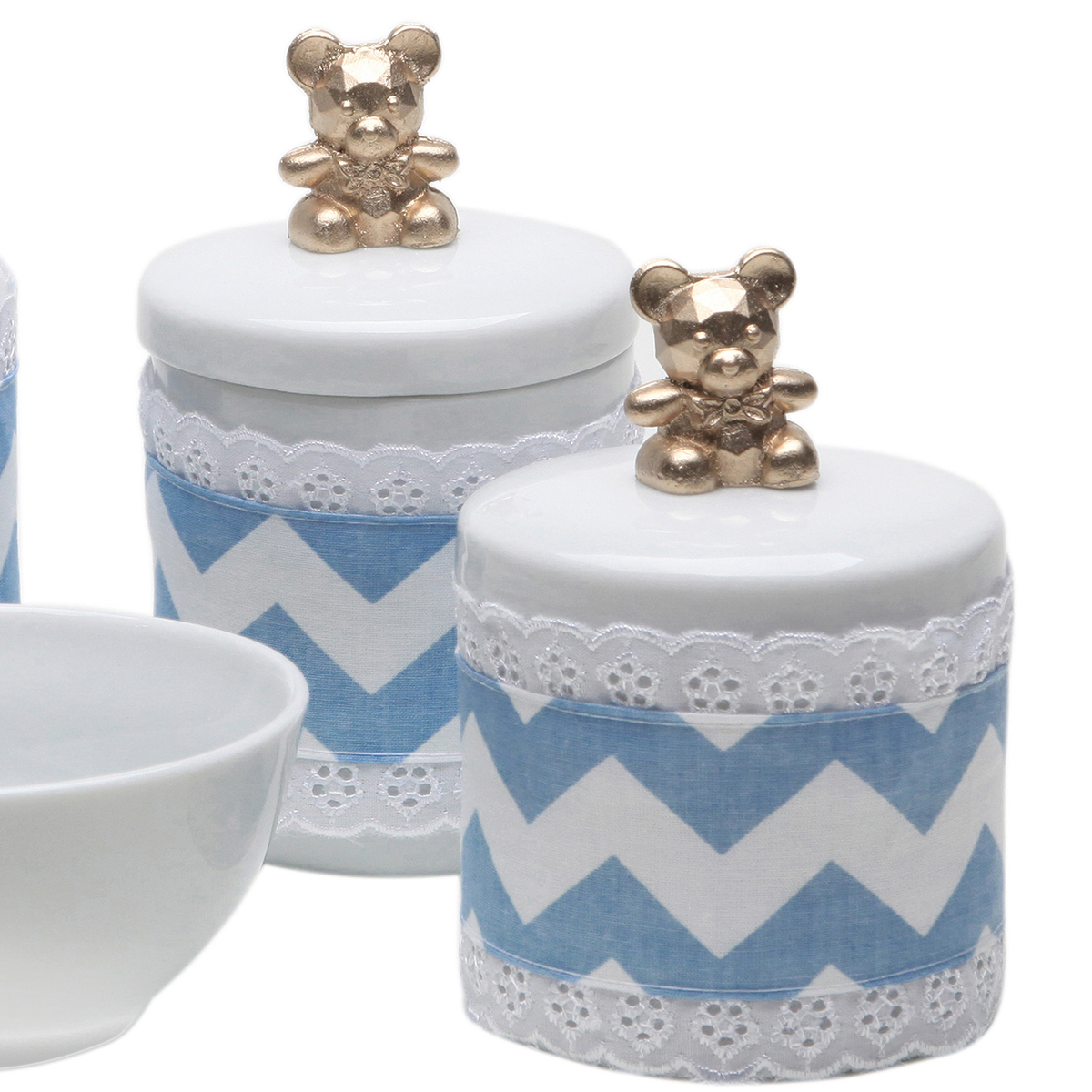 Potes, Molhadeira e Porta Álcool-Gel Com Capa Ursinho Dourado Quarto Bebê Infantil Menino
