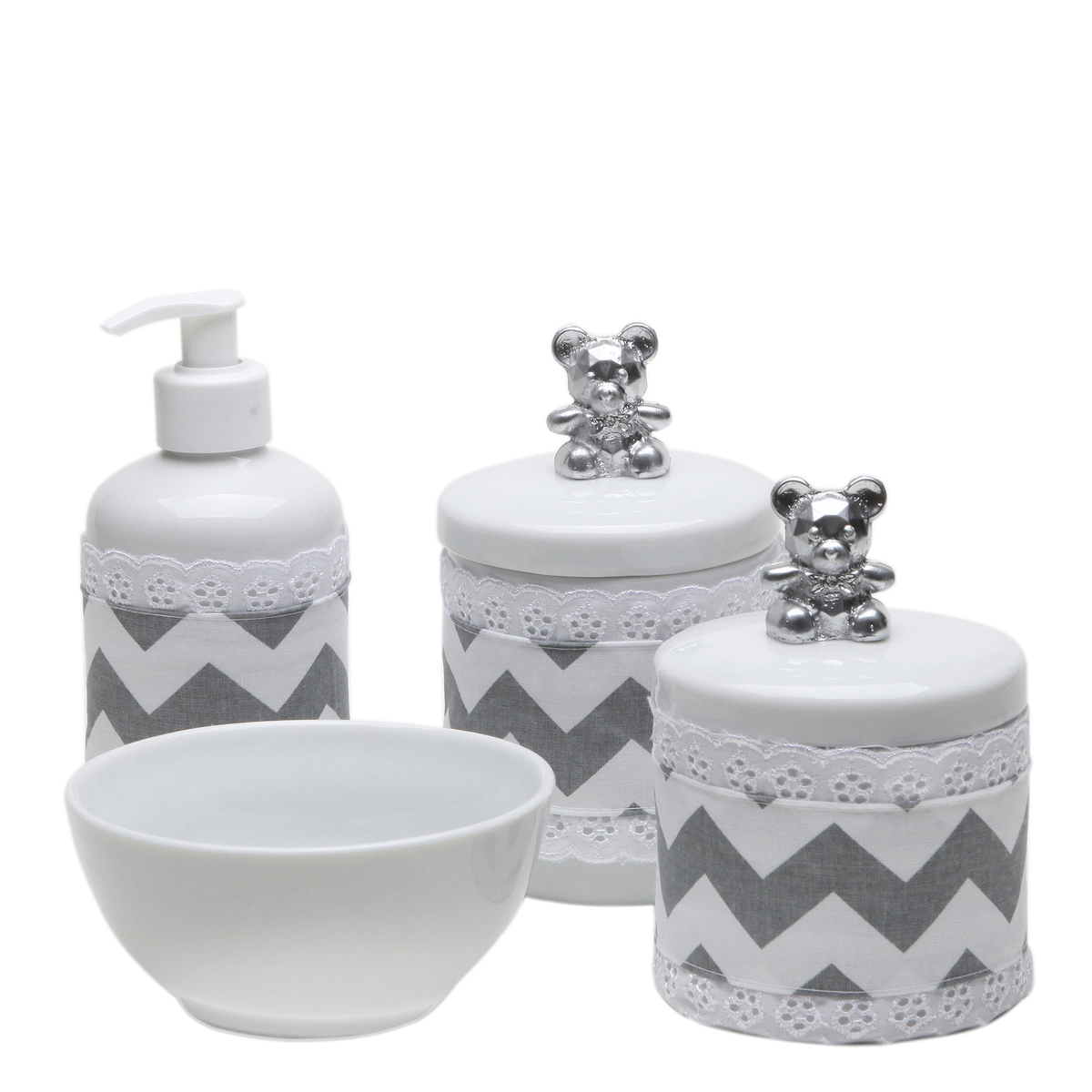 Potes, Molhadeira e Porta Álcool-Gel Com Capa Ursinho Prata Quarto Bebê Infantil Menina Menino