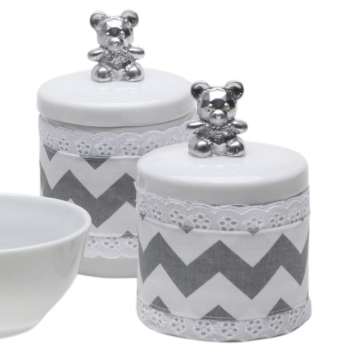 Potes, Molhadeira e Porta Álcool-Gel Com Capa Ursinho Prata Quarto Bebê Infantil Menina Menino