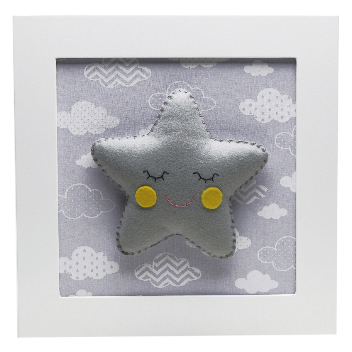 Quadro Decorativo Estrela Com Carinha Cinza Quarto Bebê Infantil Menina Menino