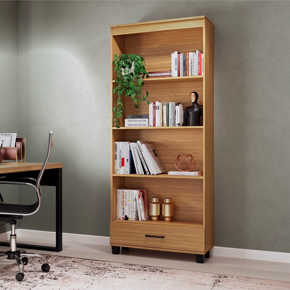 Estante Livreiro Alta 100% MDF Estilo Industrial 1 Gaveta C57 Freijó - Pradel