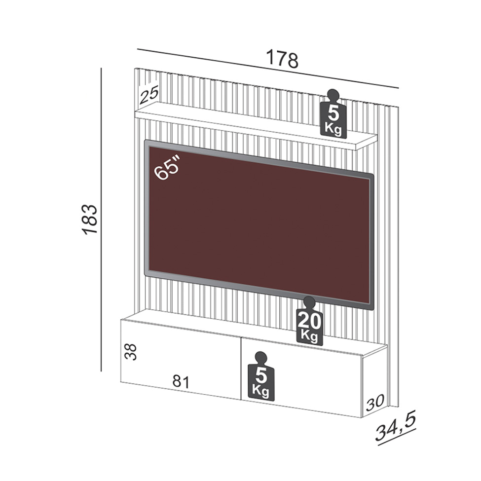 Painel para TV até 65 Polegadas Kira com LED 2 PT Freijó e Off White