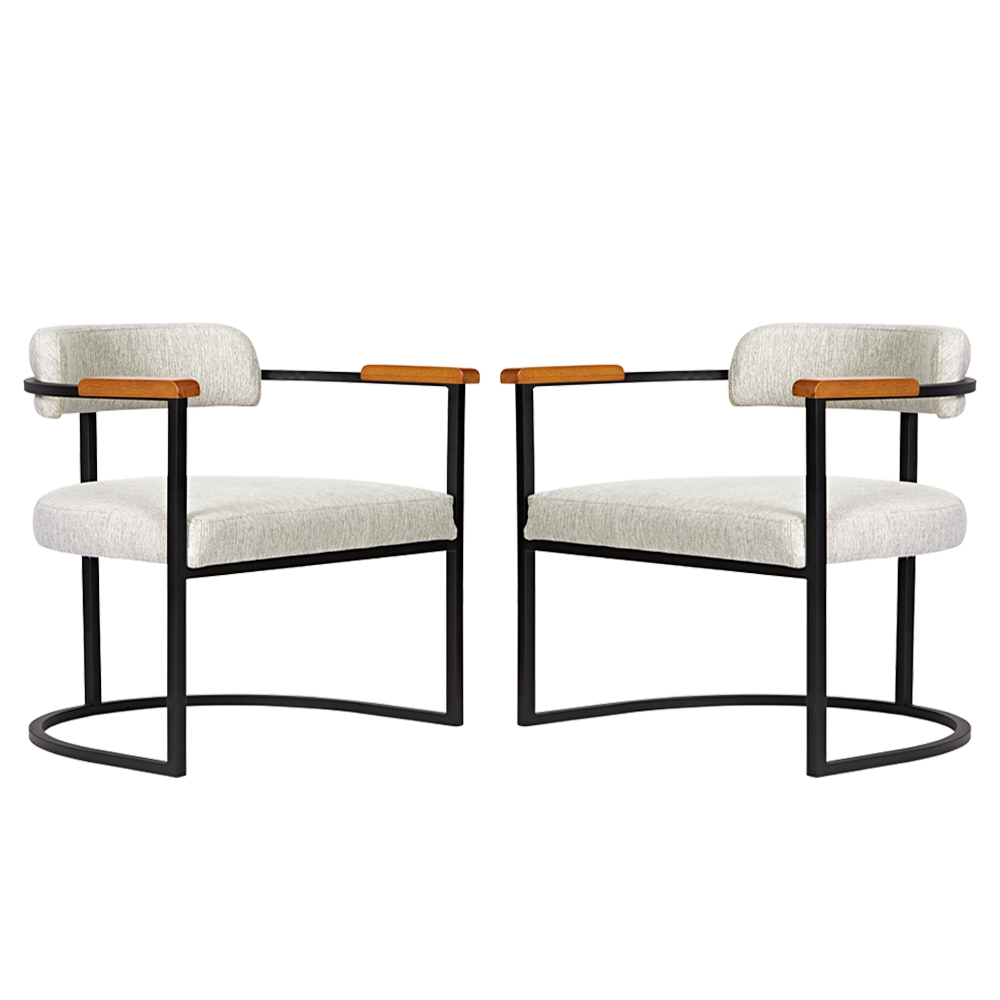 Kit 02 Poltronas Ohio Braço Madeira Linho Marfim Estrutura Bronze