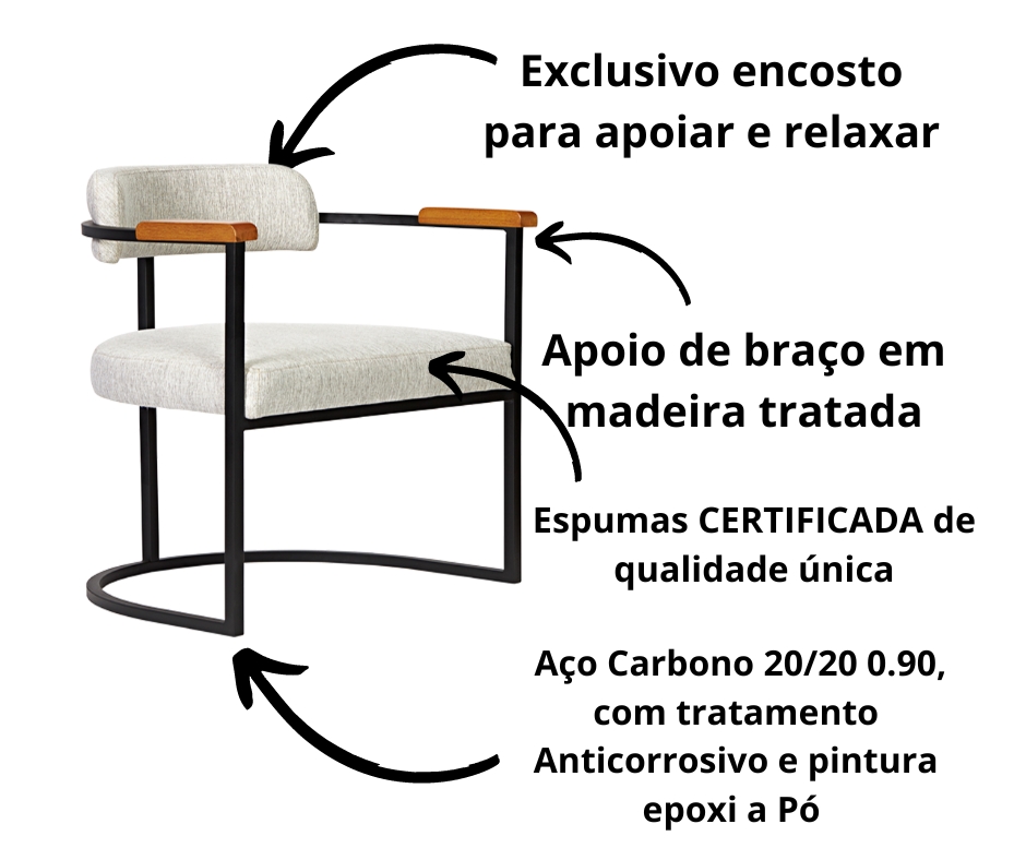 Kit 02 Poltronas Ohio Braço Madeira Linho Marfim Estrutura Preto