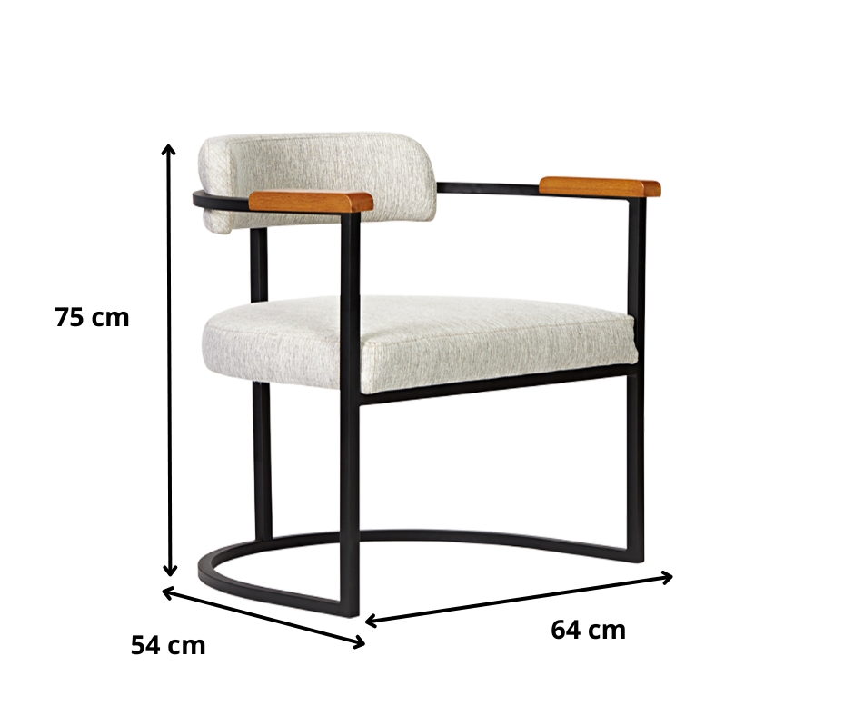 Kit 02 Poltronas Ohio Braço Madeira Linho Marfim Estrutura Preto