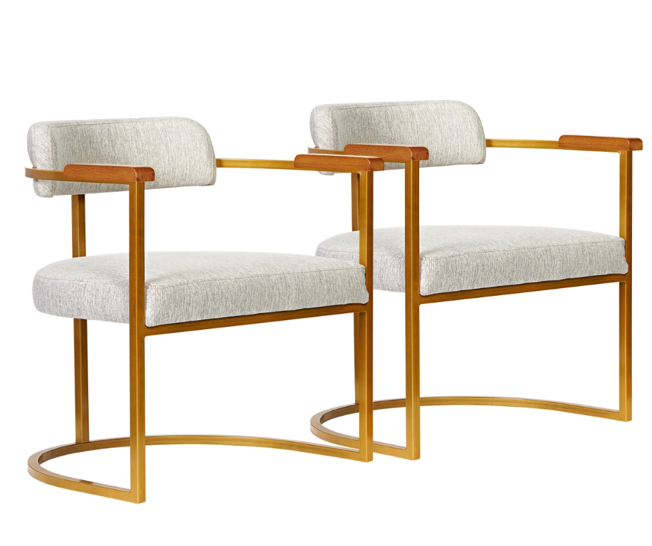 Kit 02 Poltronas Ohio Linho Bege Estrutura Dourado