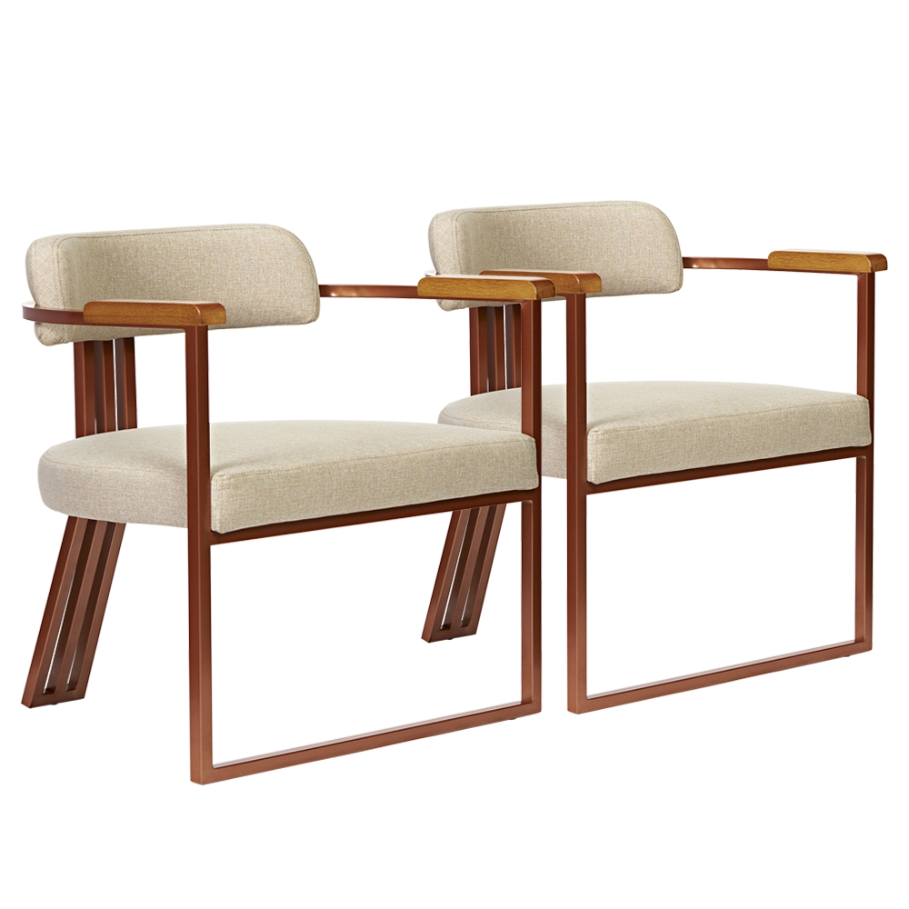 Kit 02 Poltronas Oregon Braço Madeira Linho Bege Estrutura Bronze