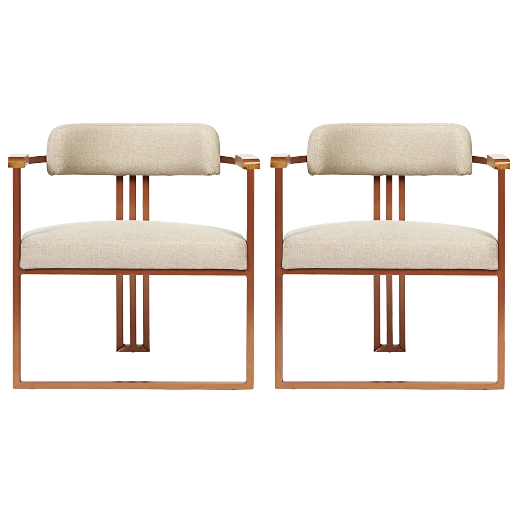 Kit 02 Poltronas Oregon Braço Madeira Linho Bege Estrutura Bronze