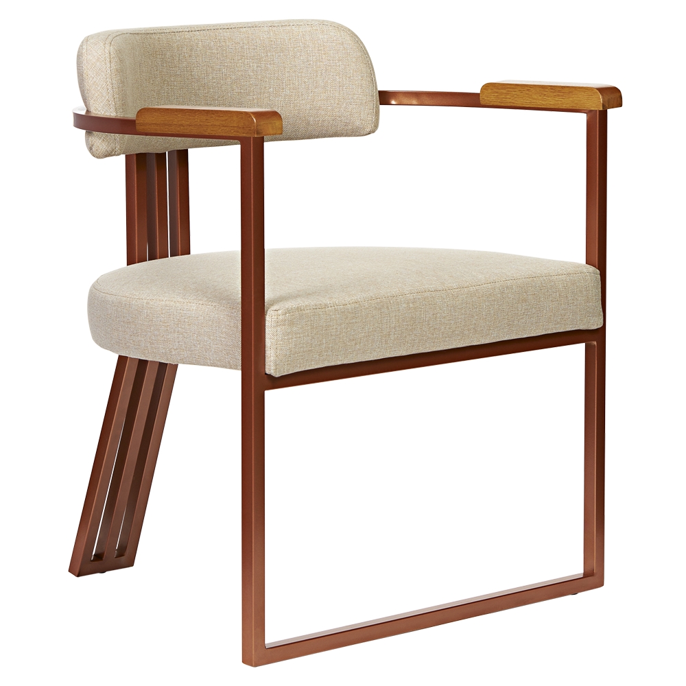Kit 02 Poltronas Oregon Braço Madeira Linho Bege Estrutura Bronze